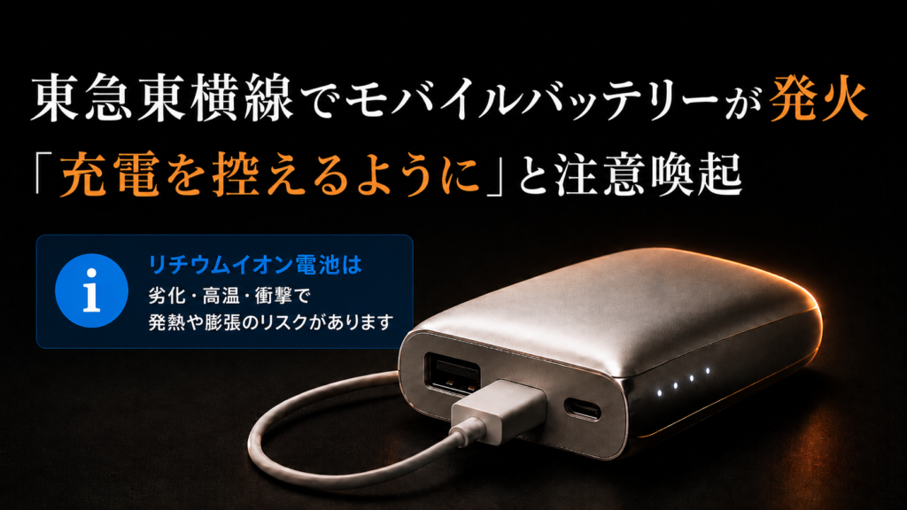 東急東横線でモバイルバッテリーが発火する事故が発生。東急は「充電を控えるように」と注意喚起。
