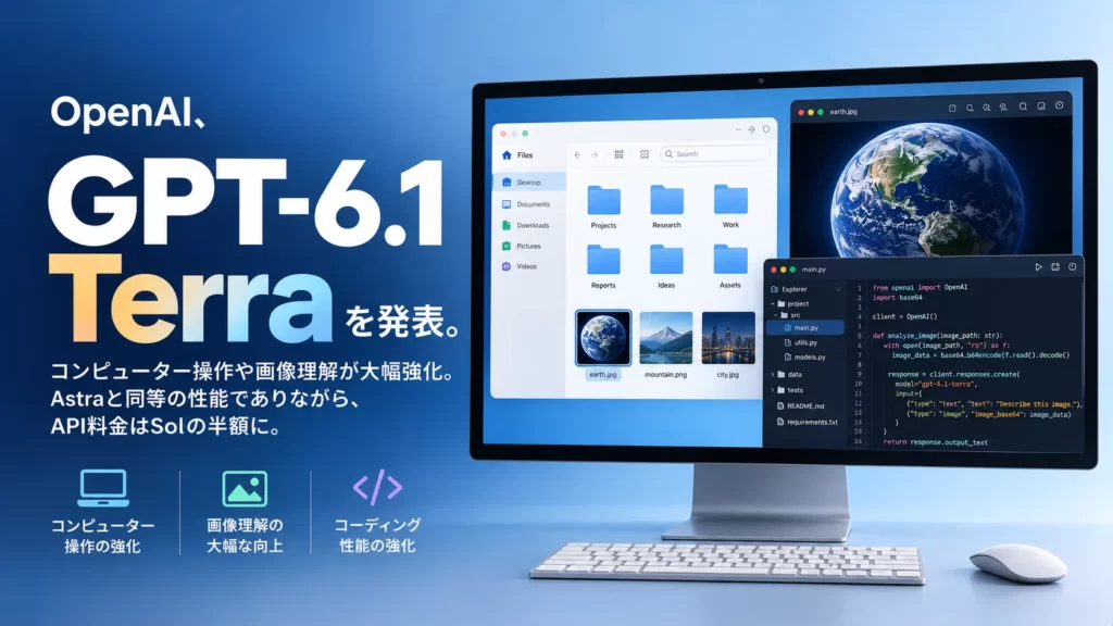 OpenAI、GPT-6.1 Terraを発表。コンピューター操作や画像理解が大幅強化。Astraと同等の性能でありながら、API料金はSolの半額に。