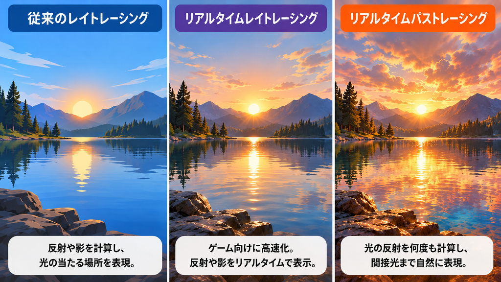 湖を題材に、従来のレイトレーシング・リアルタイムレイトレーシング・リアルタイムパストレーシングを比較した概念図